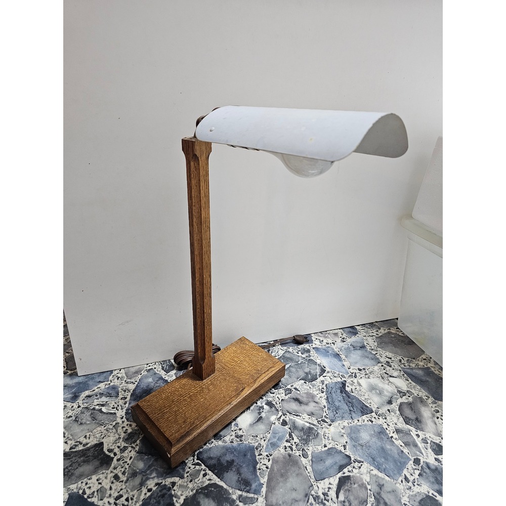 Vintage Mid Century Modern Oak Wood Desk Lamp White Metal Shade Brutalist Retro